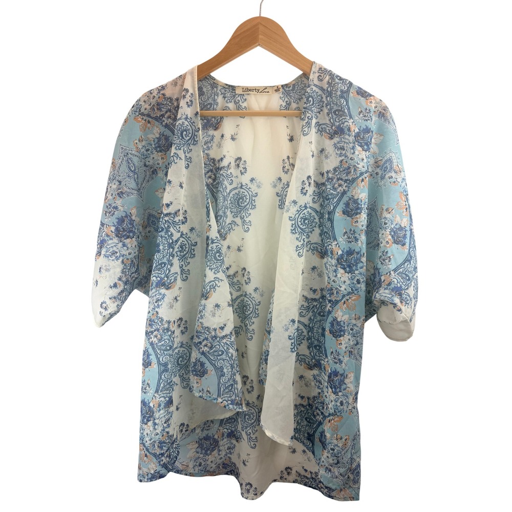 Liberty Love Womens Kimono Cardigan M Blue White Floral Print Duster Lightweight